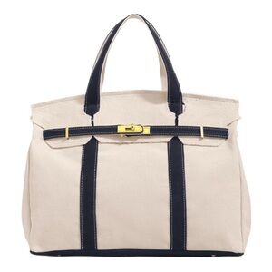Luxury Style Canvas Boat Tote Bag with Navy Strap and Gold Hardware
16.7x12.5”